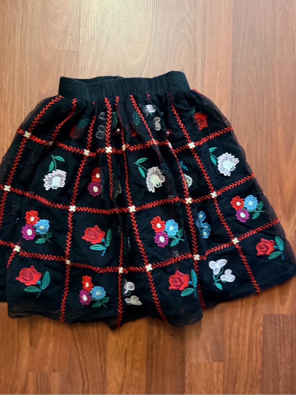 Hanna Andersson Black Skirt with Multicolor Floral Embroidery
